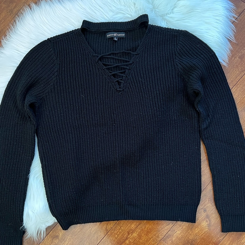Almost Famous Black Lace-Up V-Neck Sweater